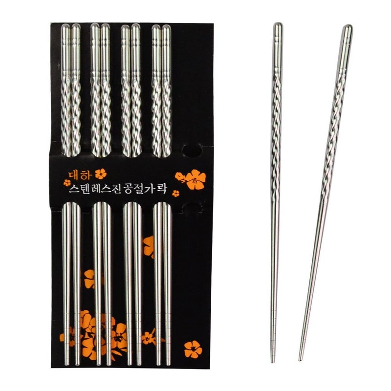Rbenxia Metal Steel Chopstick Stainless Steel Spiral Chopsticks 8.8 Inches Long Lightweight Chopstick Set Reusable Classic Style for Kitchen Dinner 5 Pairs Silver - Image 1